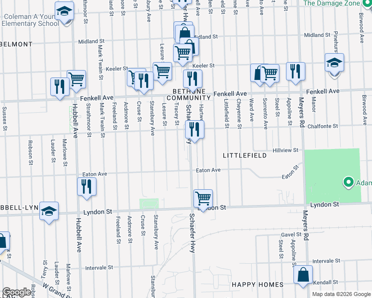 map of restaurants, bars, coffee shops, grocery stores, and more near 14881 Schaefer Highway in Detroit