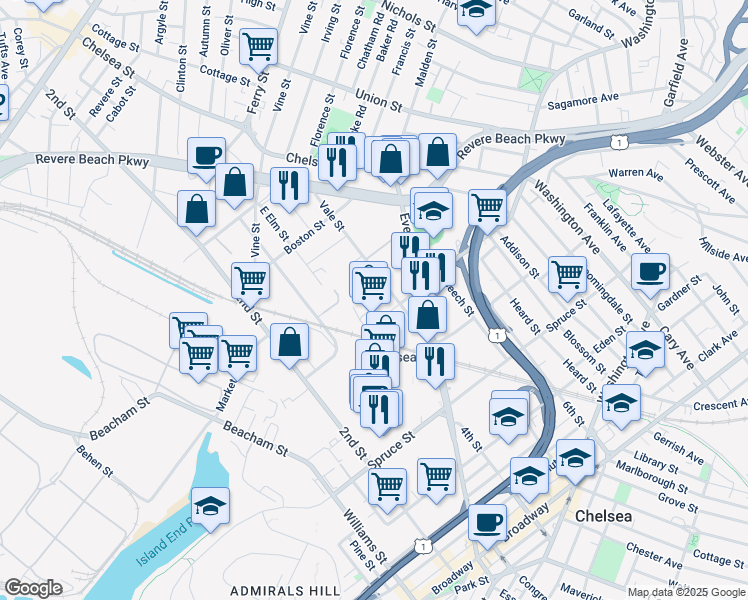 map of restaurants, bars, coffee shops, grocery stores, and more near 307 4th Street in Chelsea