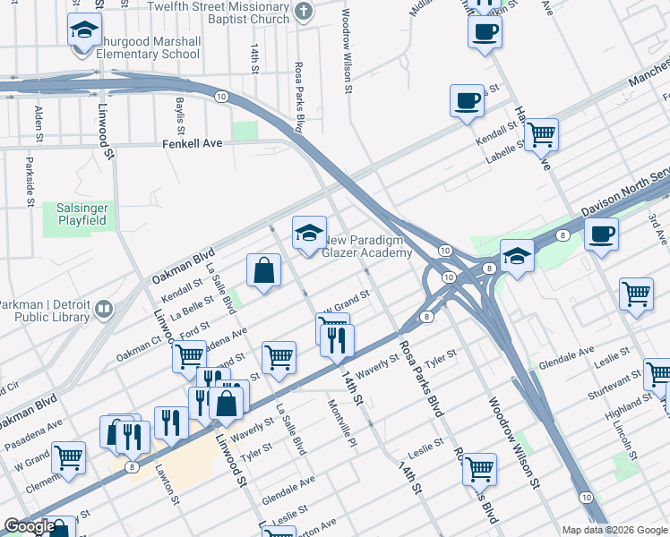 map of restaurants, bars, coffee shops, grocery stores, and more near 1969 Ford Street in Detroit