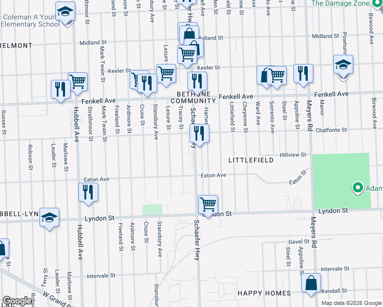 map of restaurants, bars, coffee shops, grocery stores, and more near 14918 Tracey Street in Detroit