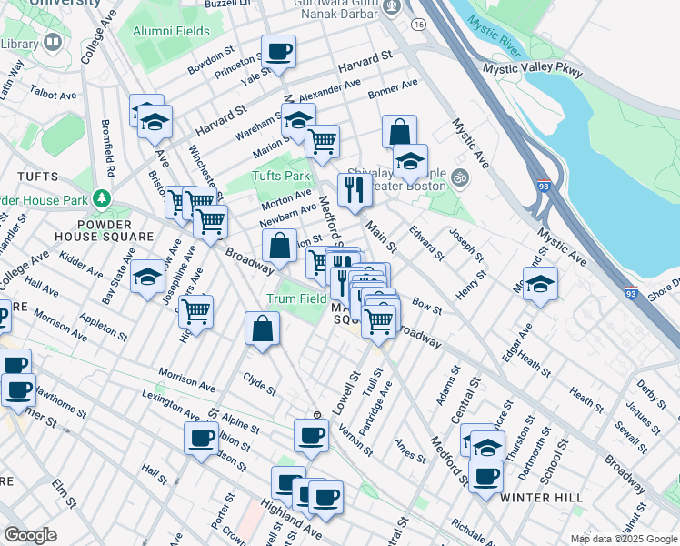map of restaurants, bars, coffee shops, grocery stores, and more near 13 Winter Hill Road in Medford