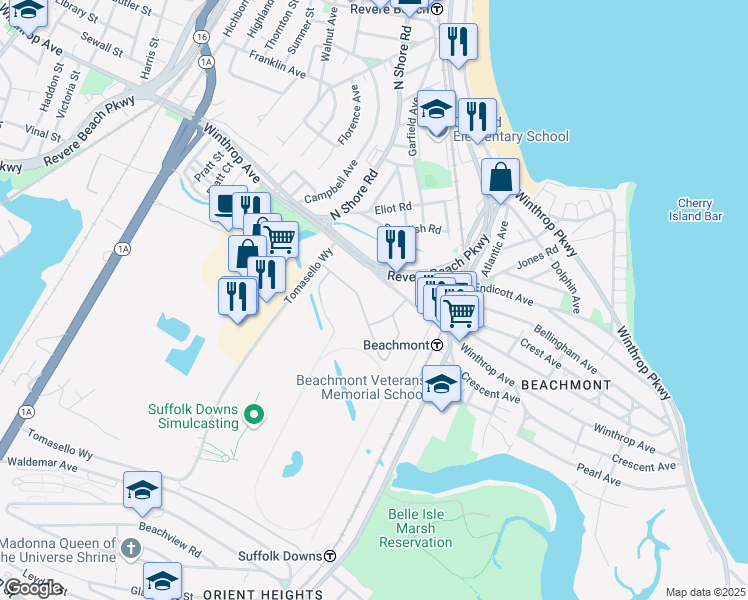 map of restaurants, bars, coffee shops, grocery stores, and more near 15 Winthrop Avenue in Revere