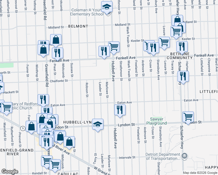 map of restaurants, bars, coffee shops, grocery stores, and more near 14937 Marlowe Street in Detroit