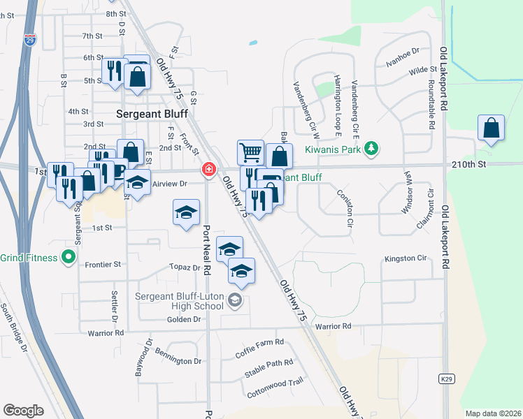 map of restaurants, bars, coffee shops, grocery stores, and more near 109 Gaul Drive in Sergeant Bluff