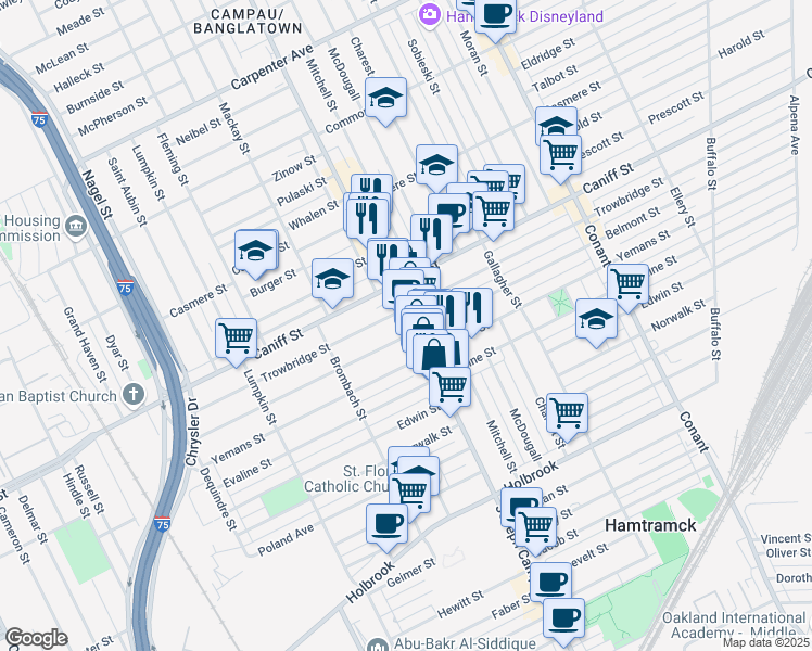 map of restaurants, bars, coffee shops, grocery stores, and more near 10241 Joseph Campau Avenue in Hamtramck