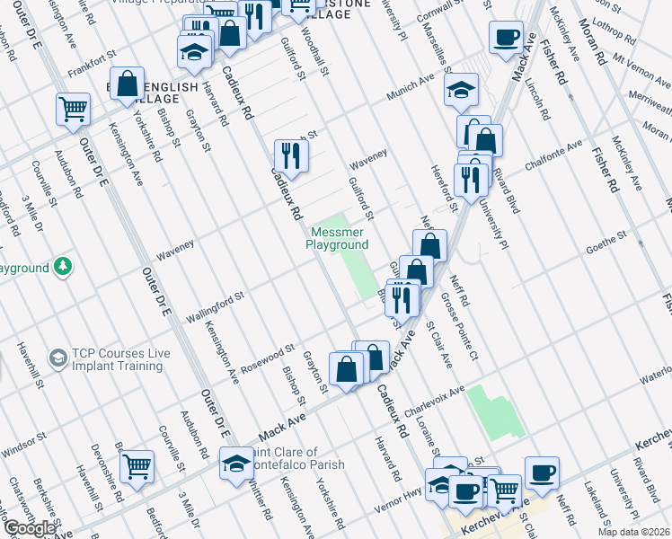 map of restaurants, bars, coffee shops, grocery stores, and more near 3950 Cadieux Road in Detroit
