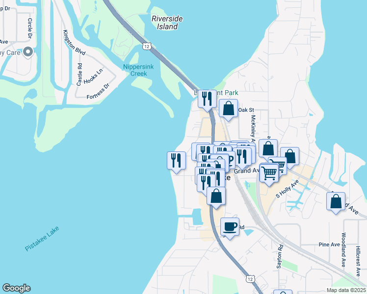 map of restaurants, bars, coffee shops, grocery stores, and more near in Fox Lake