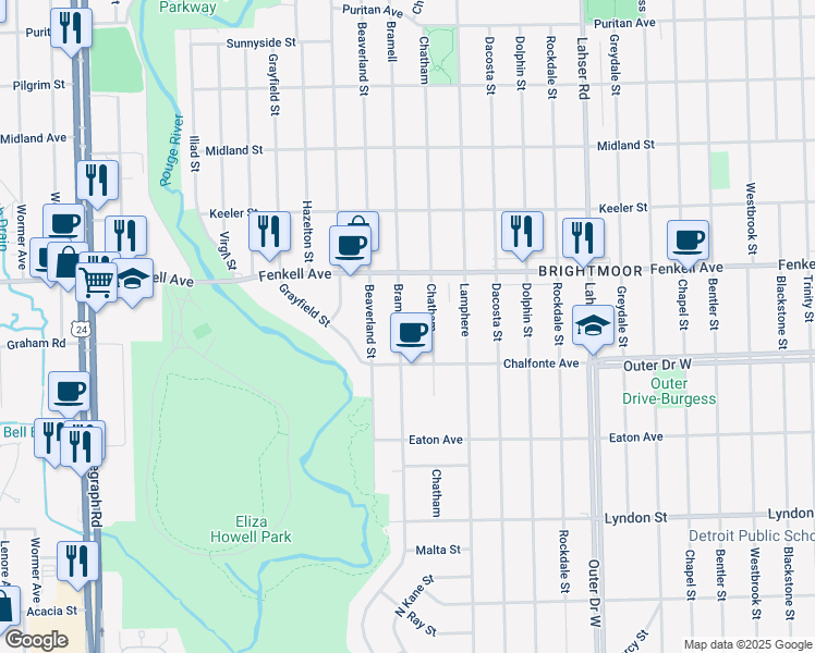 map of restaurants, bars, coffee shops, grocery stores, and more near 15072 Bramell in Detroit