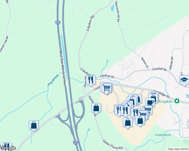 map of restaurants, bars, coffee shops, grocery stores, and more near 492 South Bolton Road in Bolton