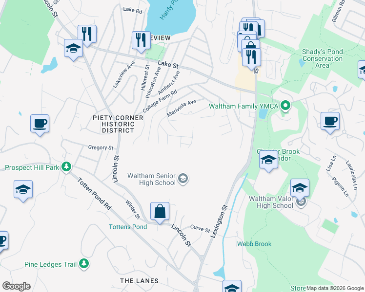 map of restaurants, bars, coffee shops, grocery stores, and more near 108 Trimount Avenue in Waltham