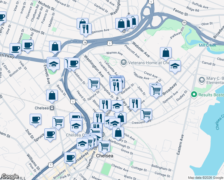 map of restaurants, bars, coffee shops, grocery stores, and more near 335 Spruce Street in Chelsea