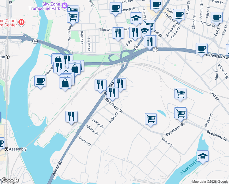 map of restaurants, bars, coffee shops, grocery stores, and more near 10 Langdon Street in Everett
