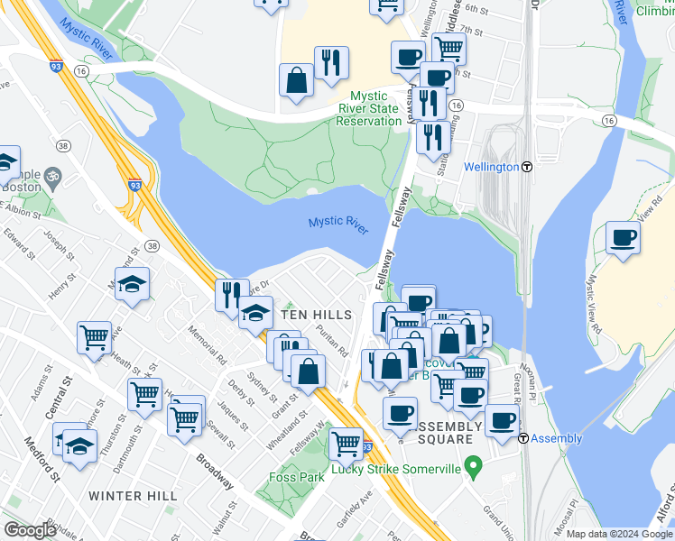 map of restaurants, bars, coffee shops, grocery stores, and more near 109 Shore Drive in Somerville