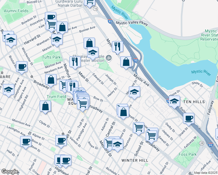 map of restaurants, bars, coffee shops, grocery stores, and more near 23 Edward Street in Medford