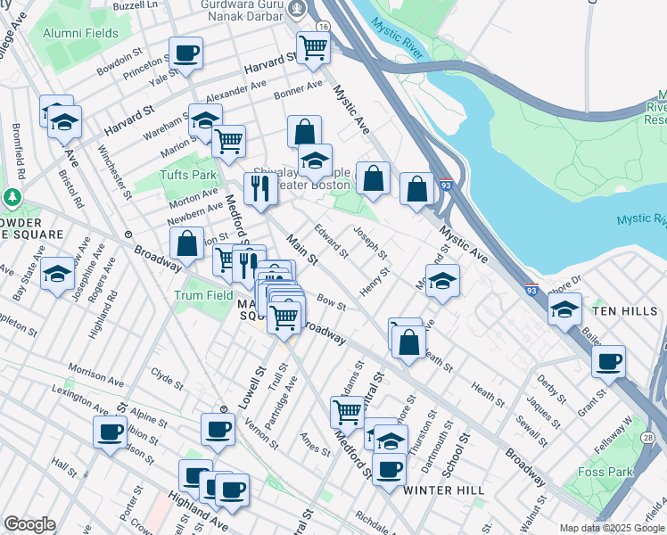 map of restaurants, bars, coffee shops, grocery stores, and more near 55 Dexter Street in Medford