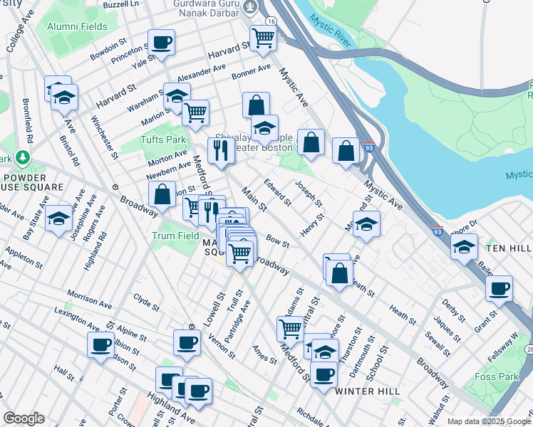 map of restaurants, bars, coffee shops, grocery stores, and more near 55 Dexter Street in Medford
