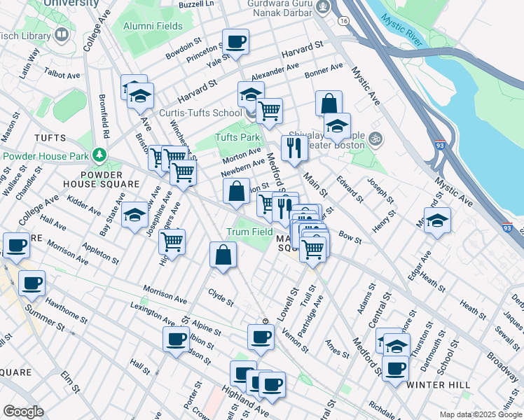 map of restaurants, bars, coffee shops, grocery stores, and more near 13 Winter Hill Road in Medford