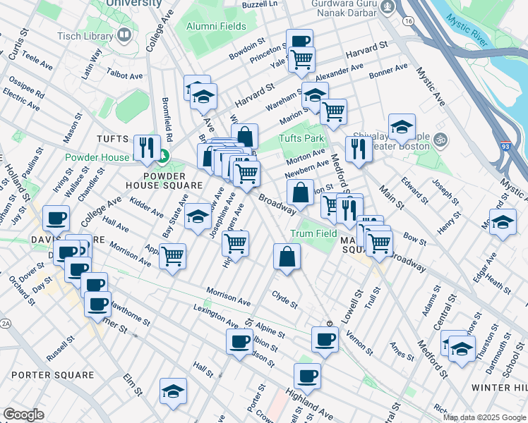 map of restaurants, bars, coffee shops, grocery stores, and more near in Somerville