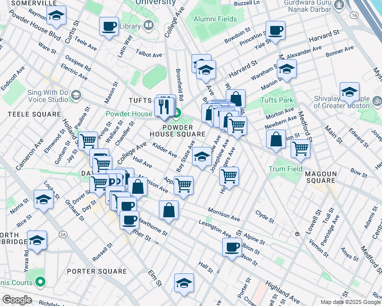 map of restaurants, bars, coffee shops, grocery stores, and more near 46 Bay State Avenue in Somerville