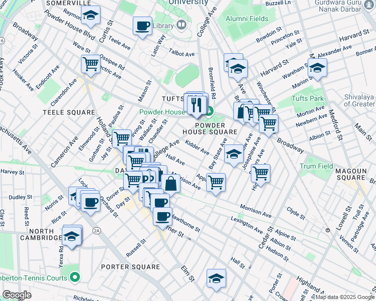 map of restaurants, bars, coffee shops, grocery stores, and more near 21 Kidder Avenue in Somerville