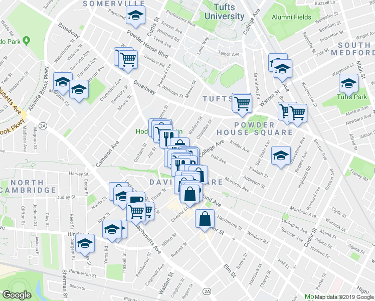 map of restaurants, bars, coffee shops, grocery stores, and more near 37 Wallace Street in Somerville