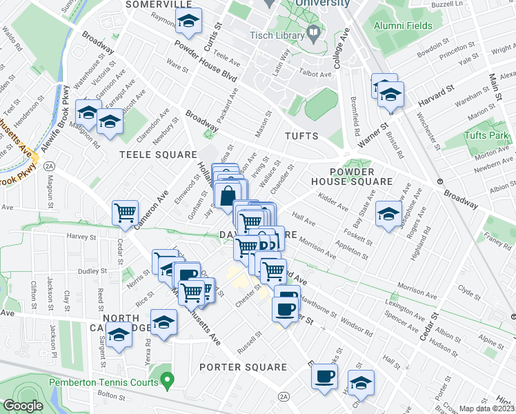 map of restaurants, bars, coffee shops, grocery stores, and more near 37 Wallace Street in Somerville