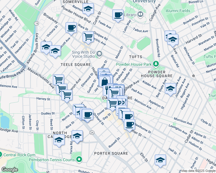 map of restaurants, bars, coffee shops, grocery stores, and more near in Somerville