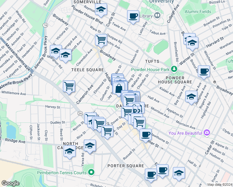 map of restaurants, bars, coffee shops, grocery stores, and more near in Somerville