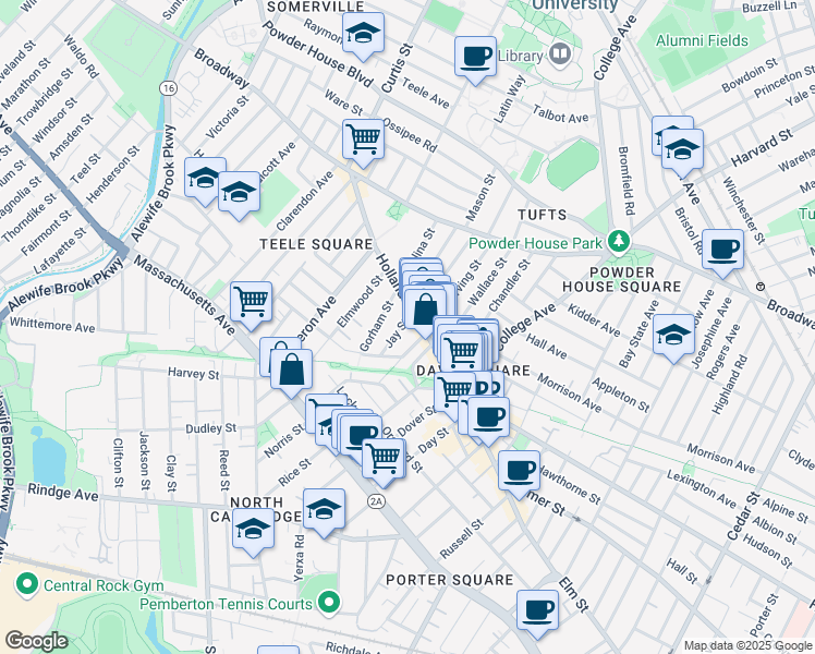 map of restaurants, bars, coffee shops, grocery stores, and more near 20 Gorham Street in Somerville