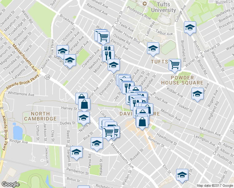 map of restaurants, bars, coffee shops, grocery stores, and more near 20 Gorham Street in Somerville