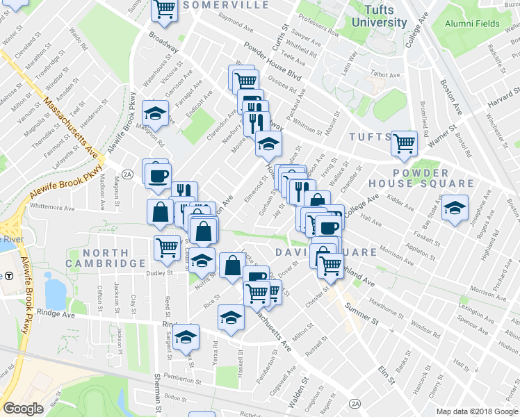 map of restaurants, bars, coffee shops, grocery stores, and more near 4A Elmwood Terrace in Somerville