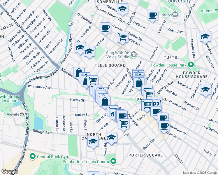 map of restaurants, bars, coffee shops, grocery stores, and more near 64 Cameron Avenue in Somerville