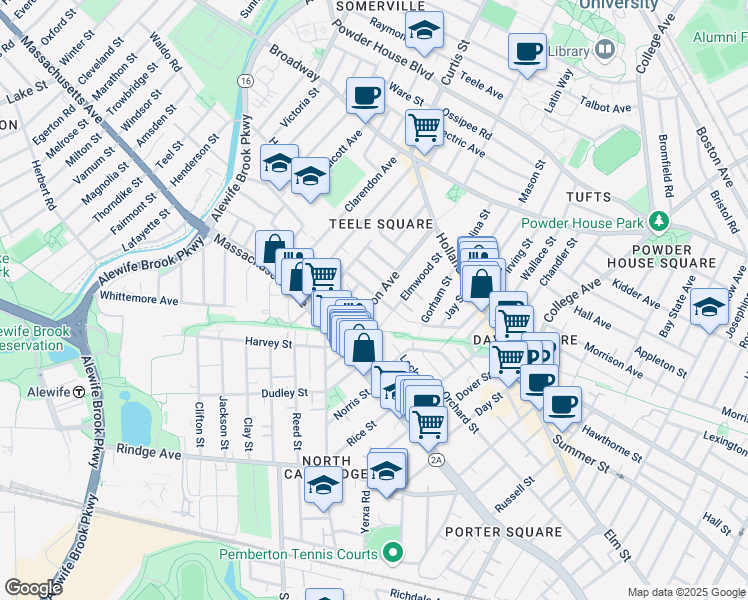 map of restaurants, bars, coffee shops, grocery stores, and more near 64 Cameron Avenue in Somerville