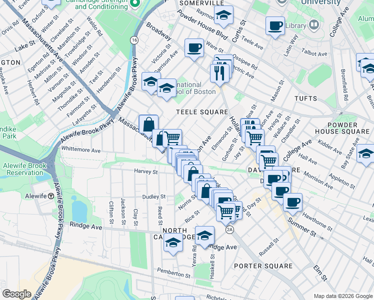 map of restaurants, bars, coffee shops, grocery stores, and more near 29 Camp Street in Cambridge