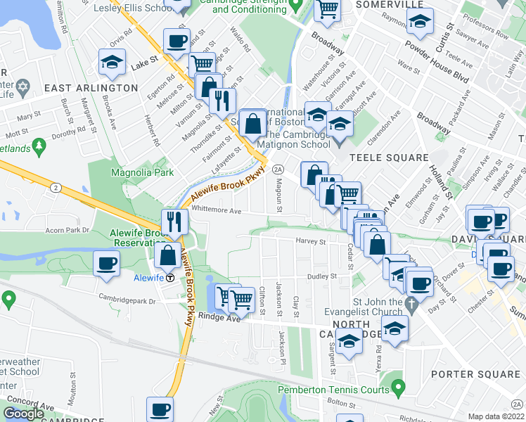 map of restaurants, bars, coffee shops, grocery stores, and more near 47 Madison Avenue in Cambridge