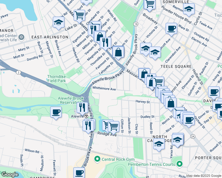 map of restaurants, bars, coffee shops, grocery stores, and more near 73 Whittemore Avenue in Cambridge