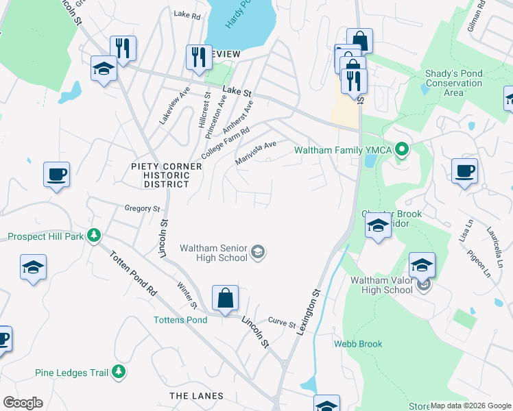 map of restaurants, bars, coffee shops, grocery stores, and more near 101 Trimount Avenue in Waltham