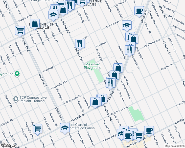 map of restaurants, bars, coffee shops, grocery stores, and more near 3950 Cadieux Road in Detroit