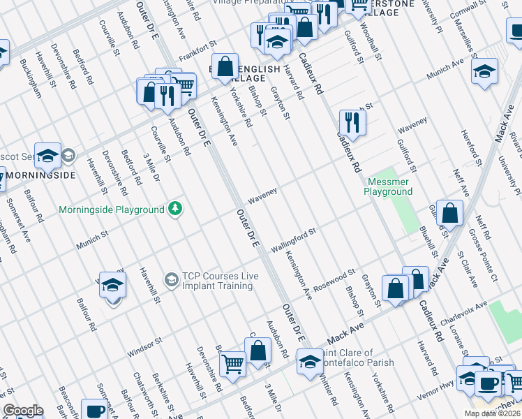 map of restaurants, bars, coffee shops, grocery stores, and more near 4251 Kensington Avenue in Detroit