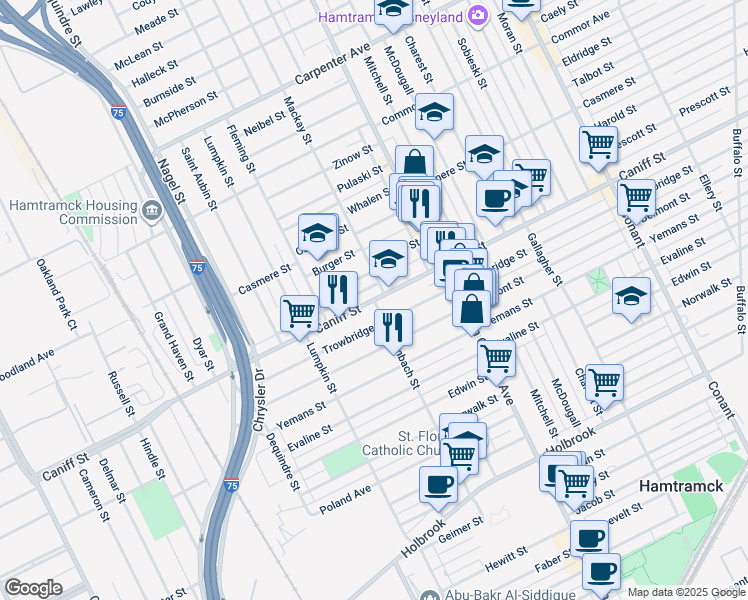 map of restaurants, bars, coffee shops, grocery stores, and more near 2635 Caniff Street in Hamtramck