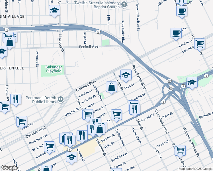 map of restaurants, bars, coffee shops, grocery stores, and more near 2310 Kendall Street in Detroit