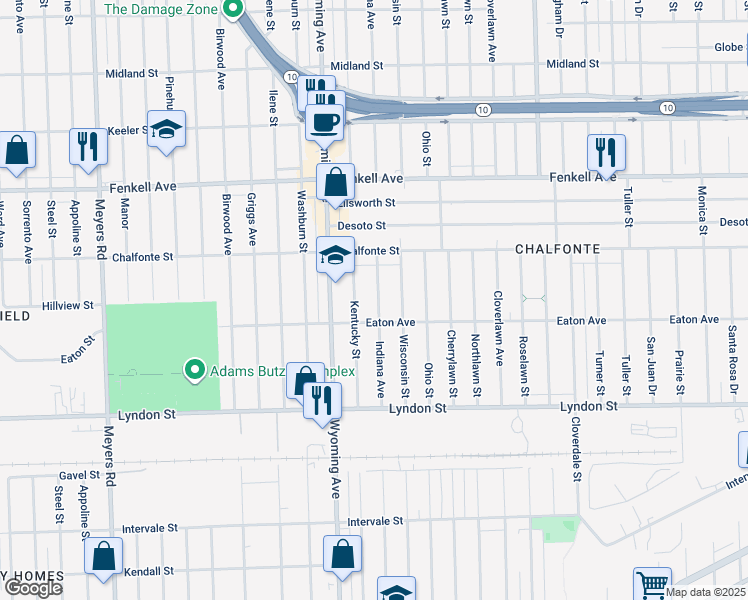 map of restaurants, bars, coffee shops, grocery stores, and more near 14870 Indiana Street in Detroit