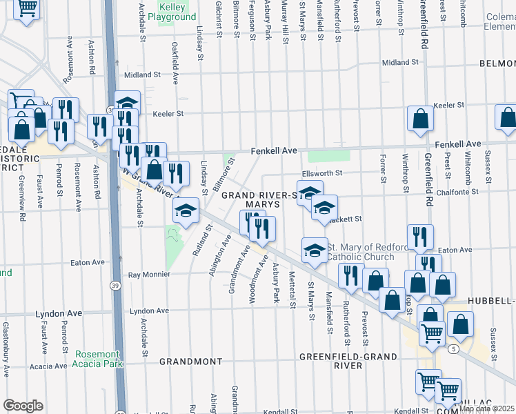 map of restaurants, bars, coffee shops, grocery stores, and more near 16505 Chalfonte Street in Detroit