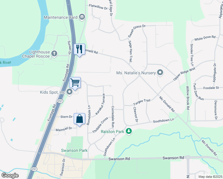 map of restaurants, bars, coffee shops, grocery stores, and more near 5715 Tall Pines Parkway in Roscoe