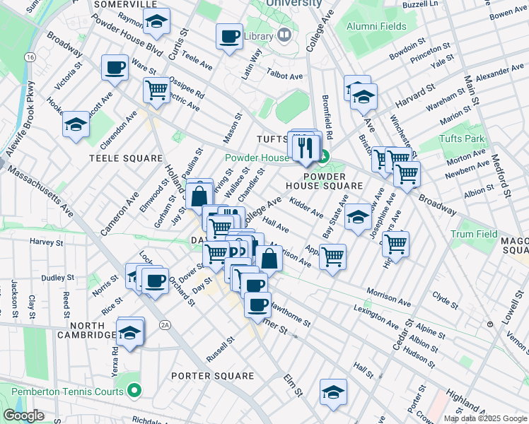 map of restaurants, bars, coffee shops, grocery stores, and more near 89 College Avenue in Somerville