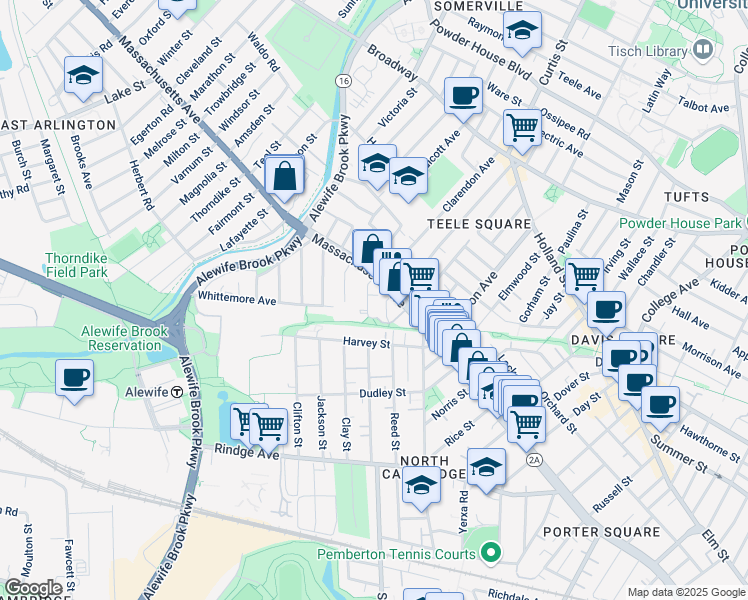 map of restaurants, bars, coffee shops, grocery stores, and more near 22 Cottage Park Avenue in Cambridge