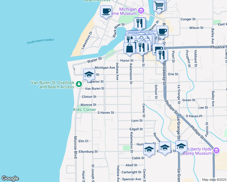map of restaurants, bars, coffee shops, grocery stores, and more near 217 Van Buren Street in South Haven