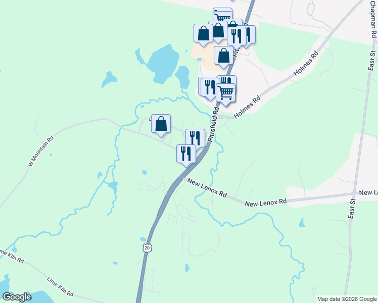 map of restaurants, bars, coffee shops, grocery stores, and more near 12 West Mountain Road in Lenox