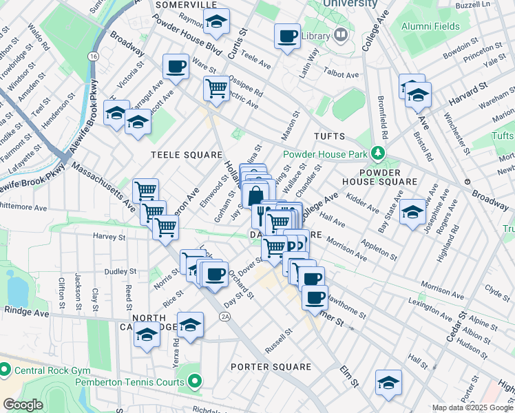 map of restaurants, bars, coffee shops, grocery stores, and more near in Somerville