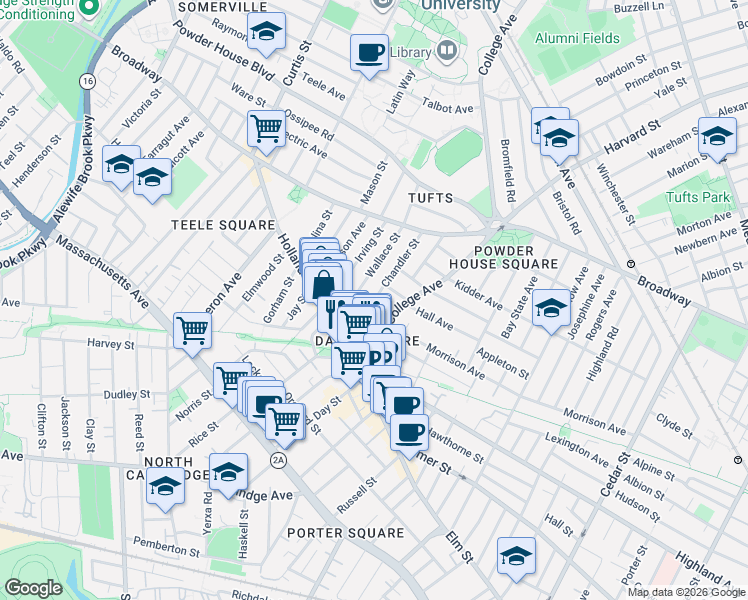 map of restaurants, bars, coffee shops, grocery stores, and more near 37 Wallace Street in Somerville